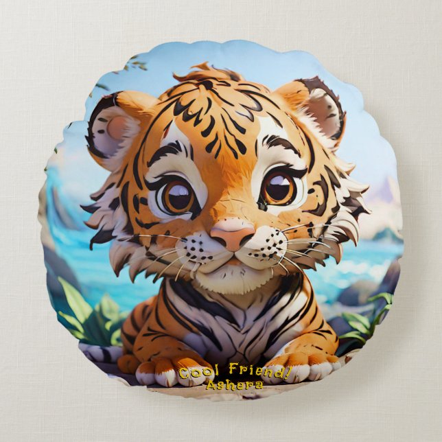 "Cool Friend Jungle Tiger Vibrant Orange Nyans Tex Rund Kudde (Framsidan)