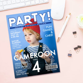 Cool Fun Blue Special Magazine Cover Kids Birthday Inbjudningar