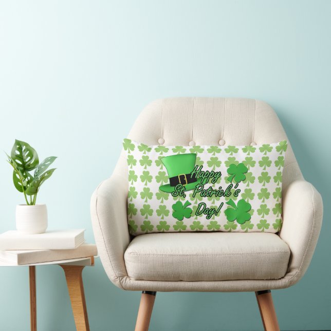 Cool fun Green top hat Shamrocks Patrick Day white Lumbarkudde (Stol)
