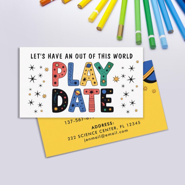 Cool Fun Yellow Playdate Galaxy Astronaut Doodles Visitkort (Skapare uppladdad)