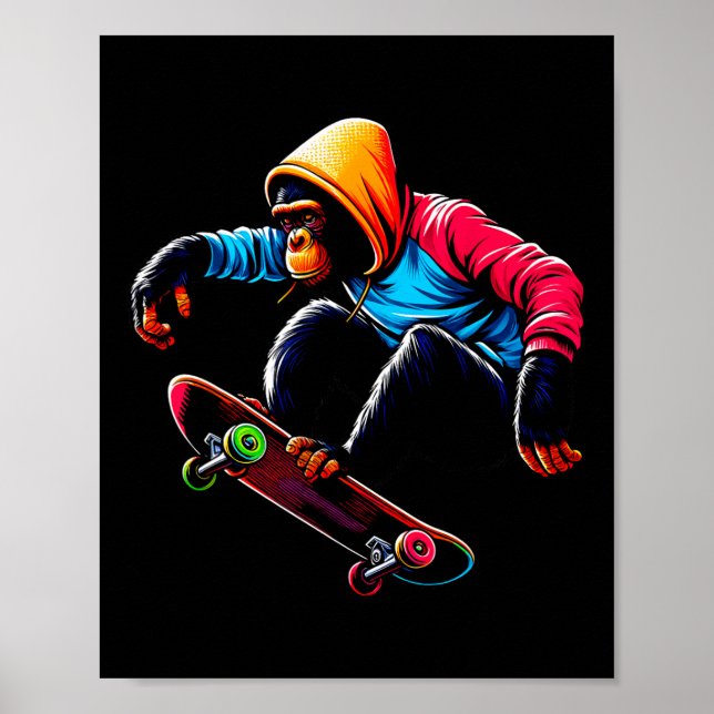 Cool Funky Bonobo Monkey Skateboarding Illustratio Poster (Framsidan)