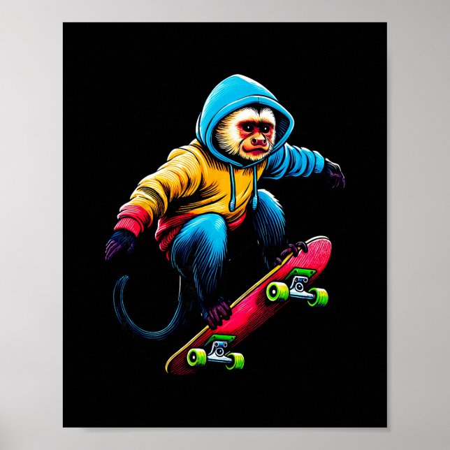 Cool Funky Capuchin Monkey Skateboarding Illustrat Poster (Framsidan)