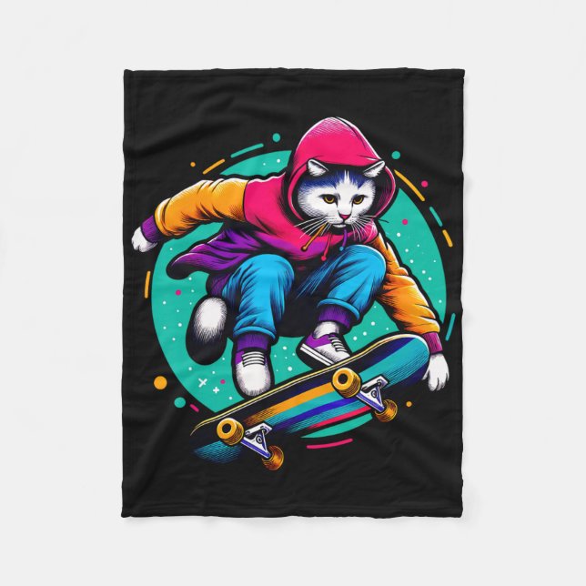 Cool Funky Katt Skateboardåkande Kattälskare Illus Fleecefilt (Framsidan)