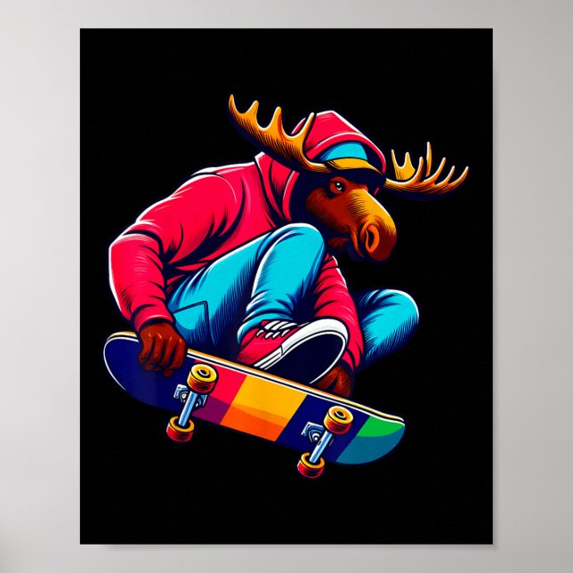Cool Funky Moose Skateboard Illustrationskonst 1  Poster (Framsidan)
