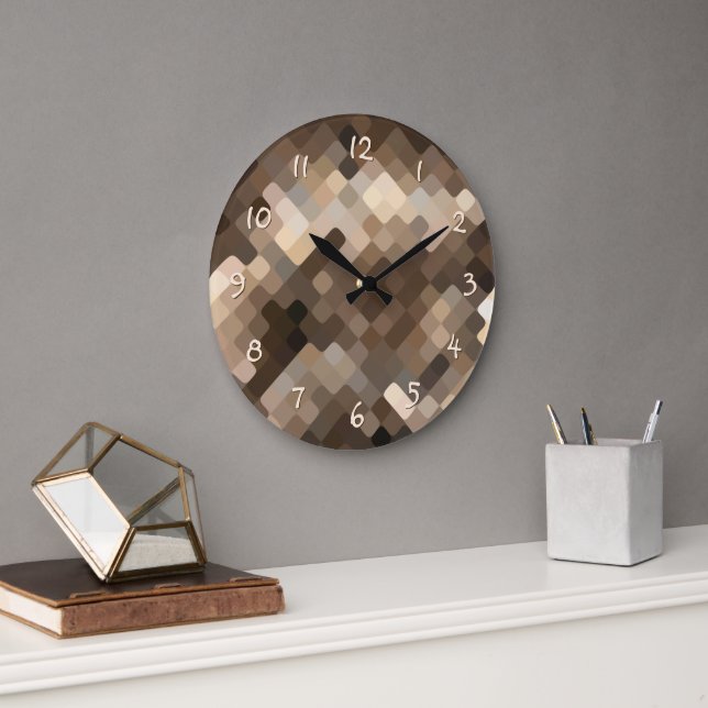 Cool Funky Taupe Beige Brun Mosaik Artmönster Stor Klocka (Kontor)
