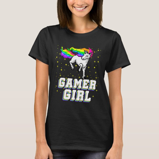 Cool Gamer Girl Galaxy Rainbow Unicorn Video Game  T Shirt (Framsida)