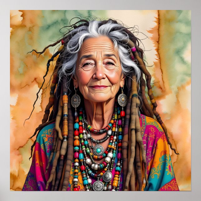 Cool gammal dam i dread locks hippia kvinna poster (Framsidan)