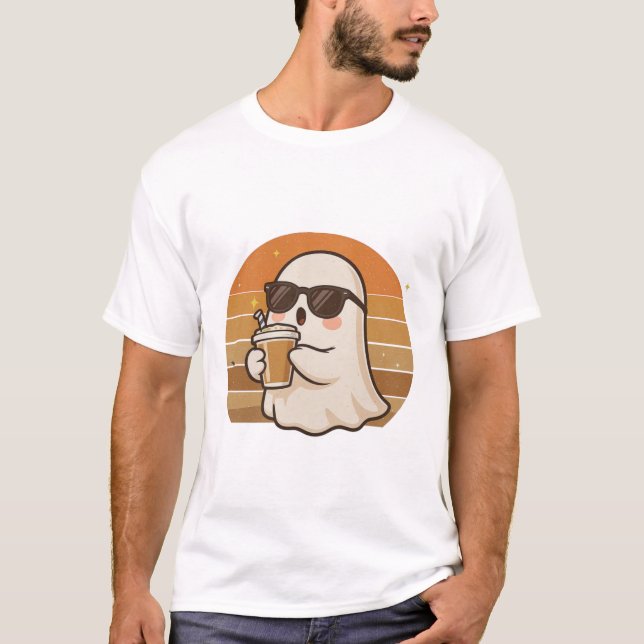 Cool Ghost with Coffee Halloween T-Shirt  (Framsida)