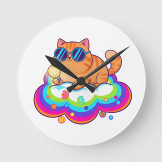Cool Ginger Cat with Sunglasses Retro Vibe Round C Rund Klocka