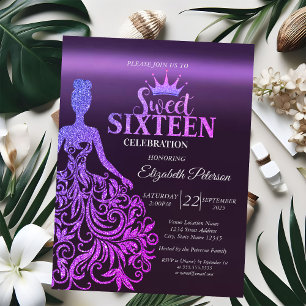 Cool Glitter Bokeh,Klänning,Tiara,Lila Sweet 16 Inbjudningar