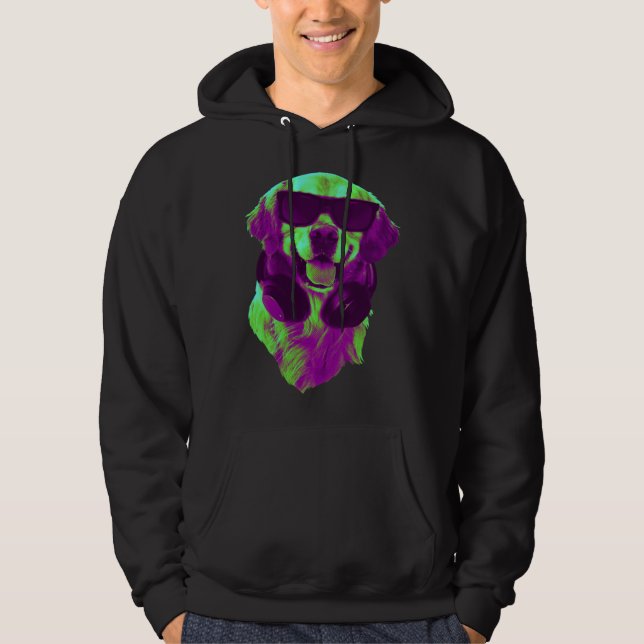 Cool Golden Retriever DJ with Headphones & Sunglas Hoodie (Framsida)