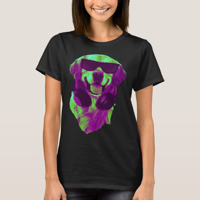 Cool Golden Retriever DJ with Headphones & Sunglas T Shirt (Framsida)