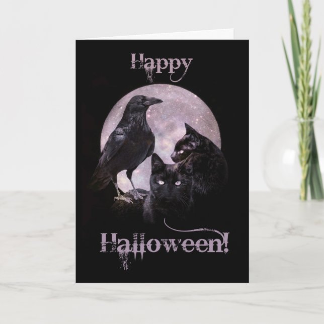 Cool Gothic Korp och Svart Katt Halloween Kort (Framsida)
