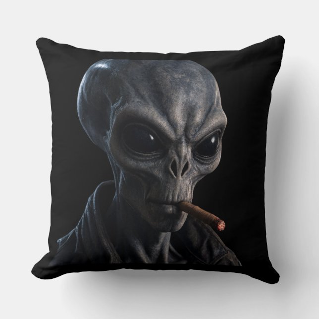 Cool Grå Alien som röker Cigarrett - Bad Boy Sci-F Kudde (Framsida)