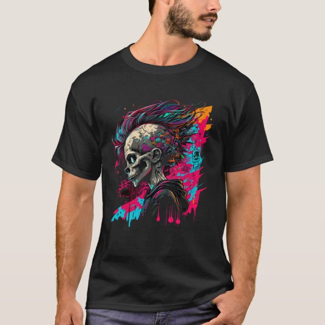 Cool Graffiti Skeleton Boy Rock Roll Street T Shirt (Framsida)