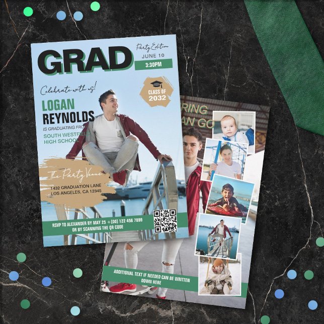 Cool Green Black Photos Magazine Cover Graduation Inbjudningar (Skapare uppladdad)