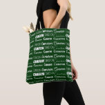 Cool Green Customized Name Collage Tygkasse<br><div class="desc">A cool personalized green allover tote bag gift for decorated in nine different fonts spelling your name in white typography. Cute customizable present for with fun cursive script.</div>