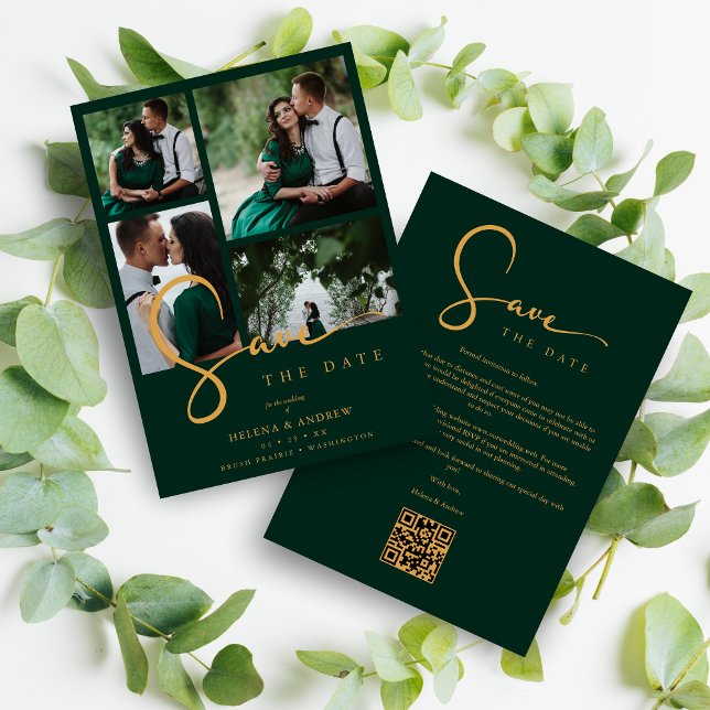 Cool Green Trendy 4 Multi Photos Collage QR Spara Datumet (Cool Dark Green Trend 4 Multi Photos Collage QR Wedding Save the Date Card With Envelope. )
