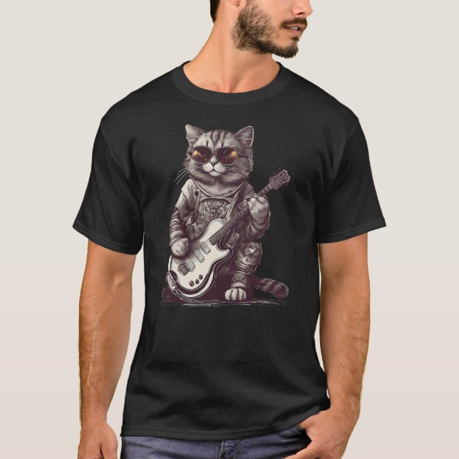 Cool Guitar Playing Cat with Glasses - Band Rock G T Shirt (Framsida)