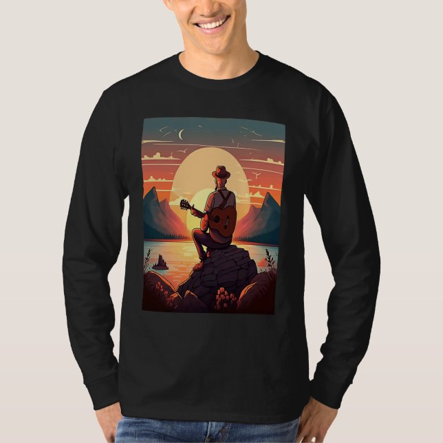 Cool Guitarist Father Dad Playing Guitar In Sunset T Shirt (Framsida)
