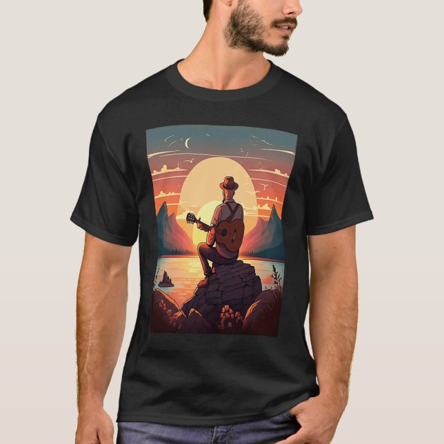 Cool Guitarist Father Dad Playing Guitar In Sunset T Shirt (Framsida)
