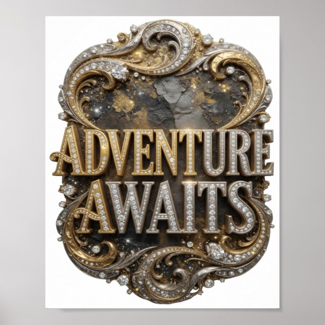 Cool Guld ÄVENTYR VÄNTAR 3D Text Konst Poster (Framsidan)
