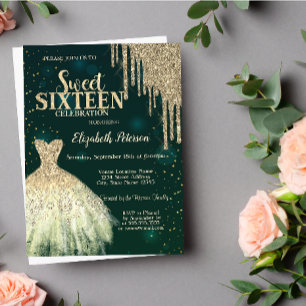 Cool guld glitter droppar, klänning grön Sweet 16 Inbjudningar
