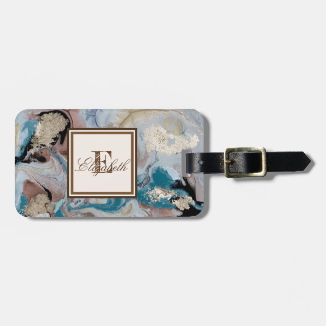 Cool guld marmorerad textur monogram bagagebricka (Horisontell Framsida)