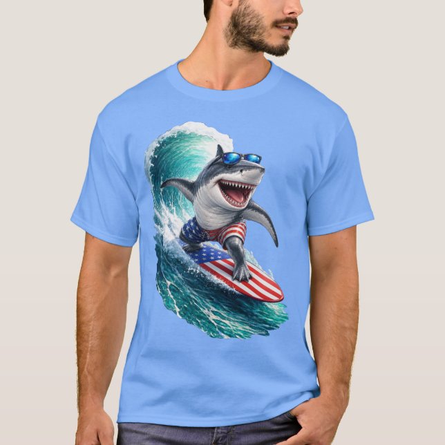 Cool hajsurfing USA-flaggvåg T Shirt (Framsida)