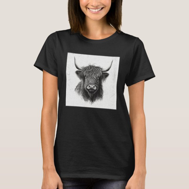 Cool Highland Cow Illustration Black Horn Women Me T Shirt (Framsida)