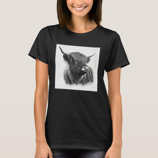 Cool Highland Cow Illustration Black Horn Women Me T Shirt (Framsida)