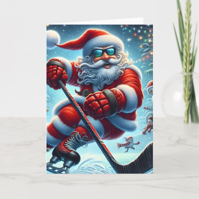 Cool Hockey Playing Santa Christmas Helgkort (Framsida)