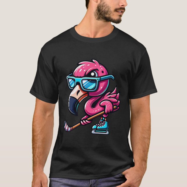 Cool Ice Hockey Flamingo With Attitude  T Shirt (Framsida)