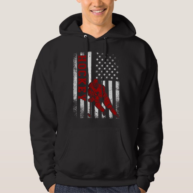 Cool Ice Hockey Player Distressed USA American Fla Hoodie (Framsida)