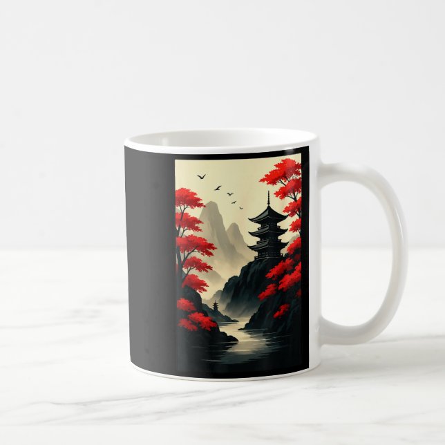 Cool Japanese Pagoda Castle Mountain Landscape Gra Kaffemugg (Höger)