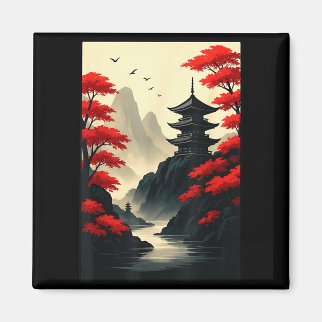 Cool Japanese Pagoda Castle Mountain Landscape Gra Magnet (Framsidan)