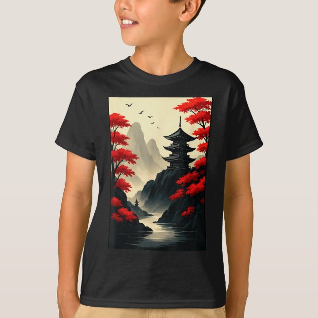 Cool Japanese Pagoda Castle Mountain Landscape Gra T Shirt (Framsida)
