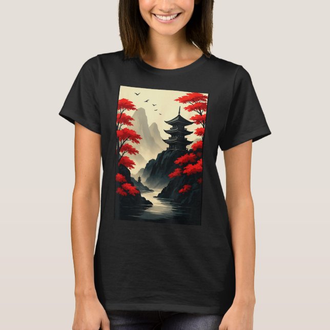 Cool Japanese Pagoda Castle Mountain Landscape Gra T Shirt (Framsida)