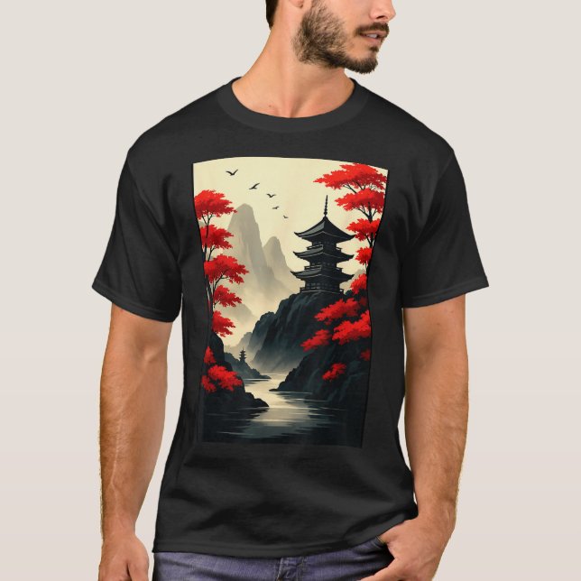 Cool Japanese Pagoda Castle Mountain Landscape Gra T Shirt (Framsida)