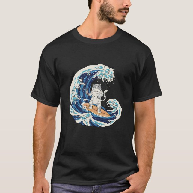 Cool Japanese Wave Cat Surfing T Shirt (Framsida)