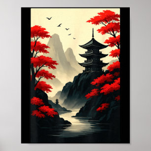 Cool japansk pagodslott berg landskaps Gra Poster
