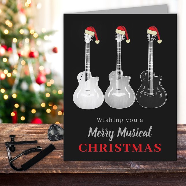 Cool julsång på gitarr i svart och vitt helgkort (christmas guitars custom holiday greetings card)