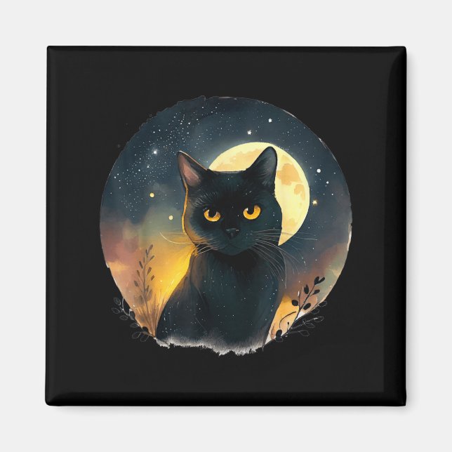 Cool konst grafisk svart katt med måne magnet (Framsidan)