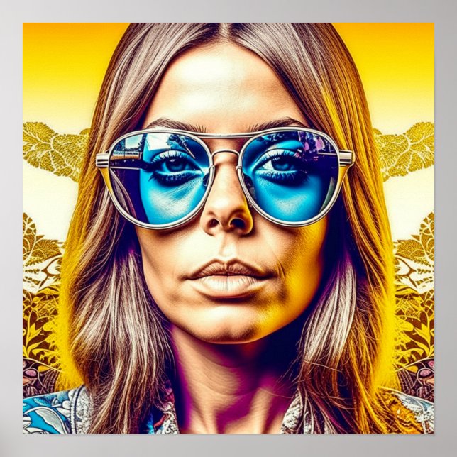 Cool kvinna i blå solglasögon poster (Framsidan)