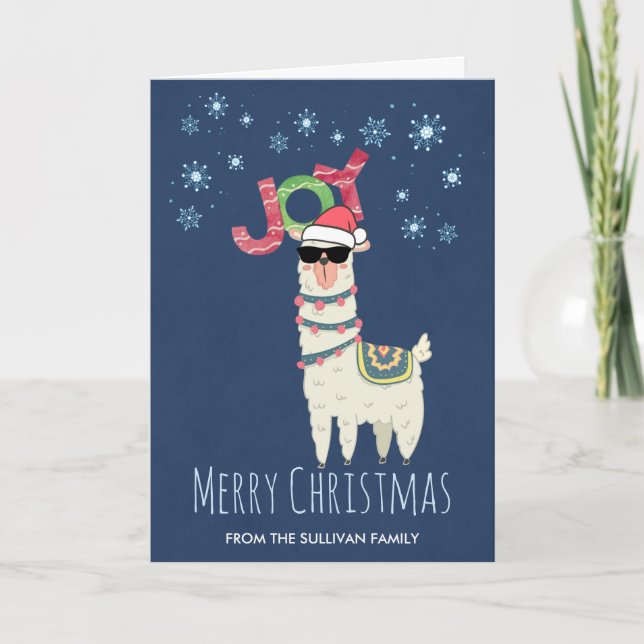 Cool lama i julhatt med snöflingor jul kort (Framsida)