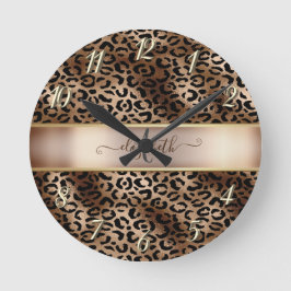 Cool Leopard Pattern Black Bronze Monogram    Rund Klocka