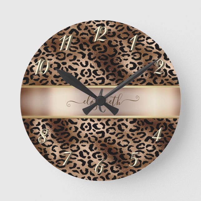 Cool Leopard Pattern Black Bronze Monogram    Rund Klocka (Framsida)