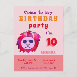 Cool Lion Pink Barnfest för Kid`s Inbjudan Vykort