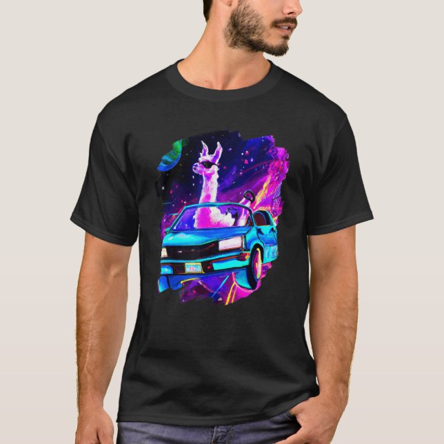 Cool Llama Driving Sports Car In Space Alpaca  Lla T Shirt (Framsida)