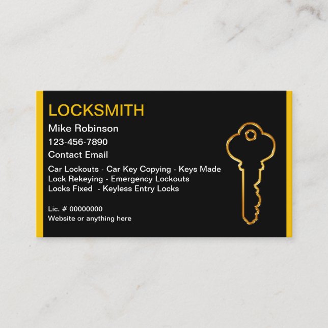 Cool Locksmith Gold House Key Business Cards Visitkort (Framsida)